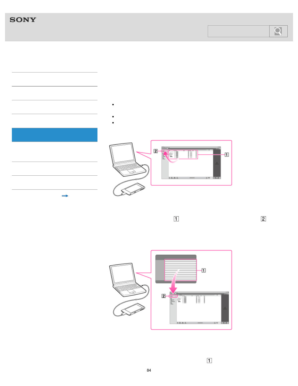 Transferring content using media go, Help guide, Search | Sony NWZ-F805BLK User Manual | Page 84 / 143