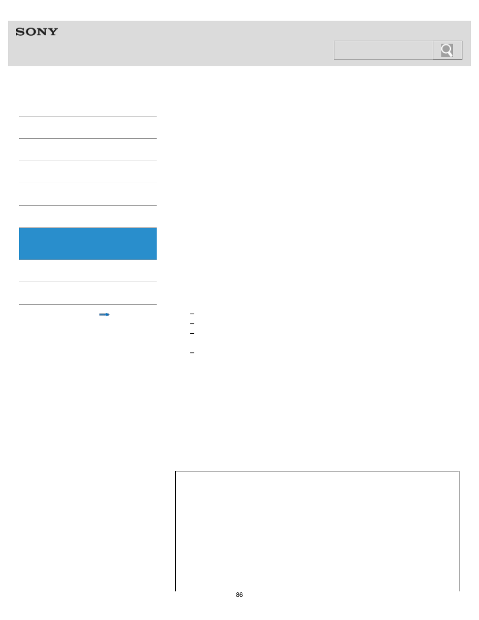 Important product information, Details, Help guide | Search | Sony NWZ-F805BLK User Manual | Page 86 / 143