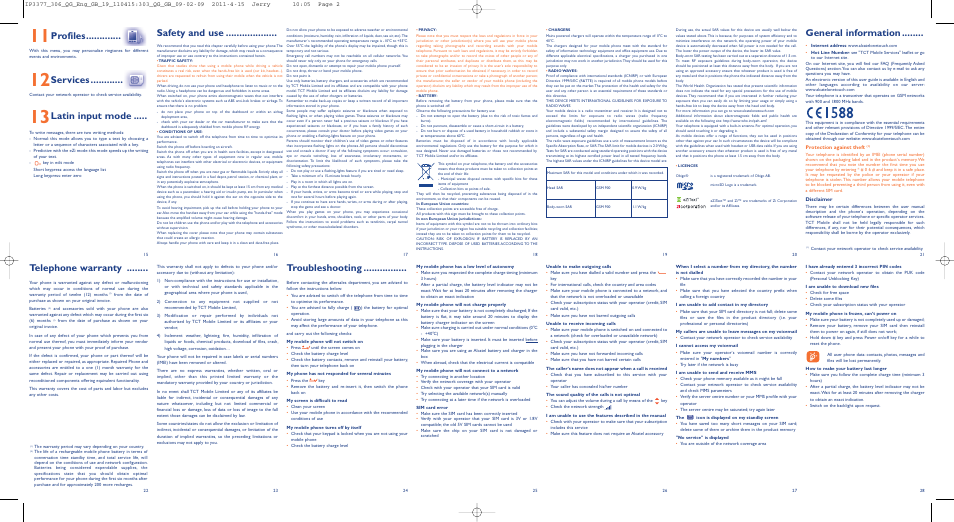 Troubleshooting, Telephone warranty, Profiles | Services, Latin input mode, Safety and use, General information | Alcatel 306 User Manual | Page 2 / 2