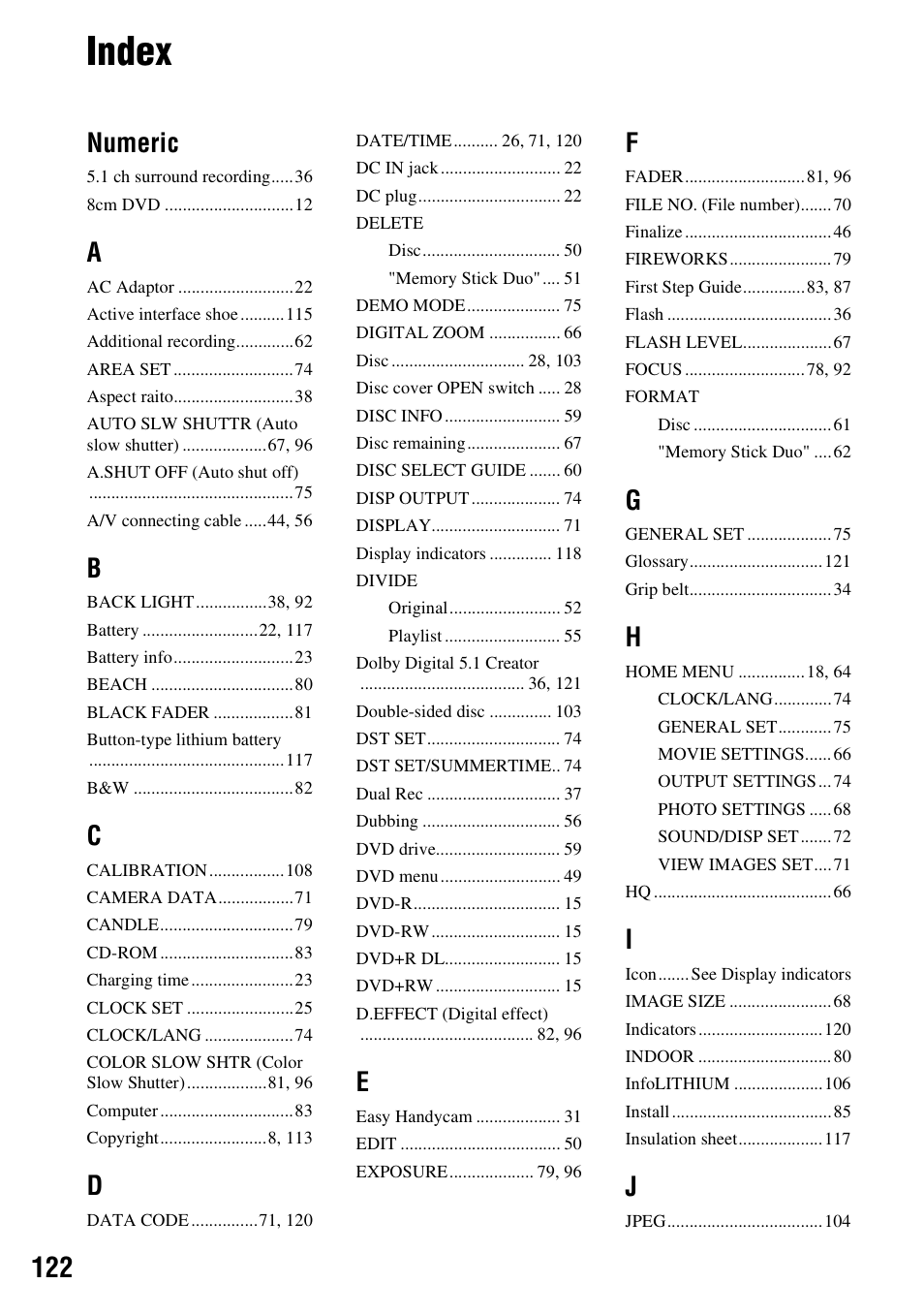 Index, Numeric | Sony DCR-DVD508 User Manual | Page 122 / 139