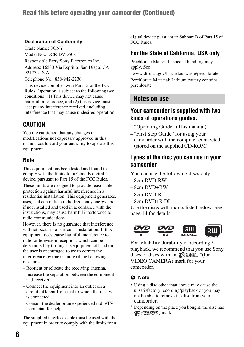 Sony DCR-DVD508 User Manual | Page 6 / 139