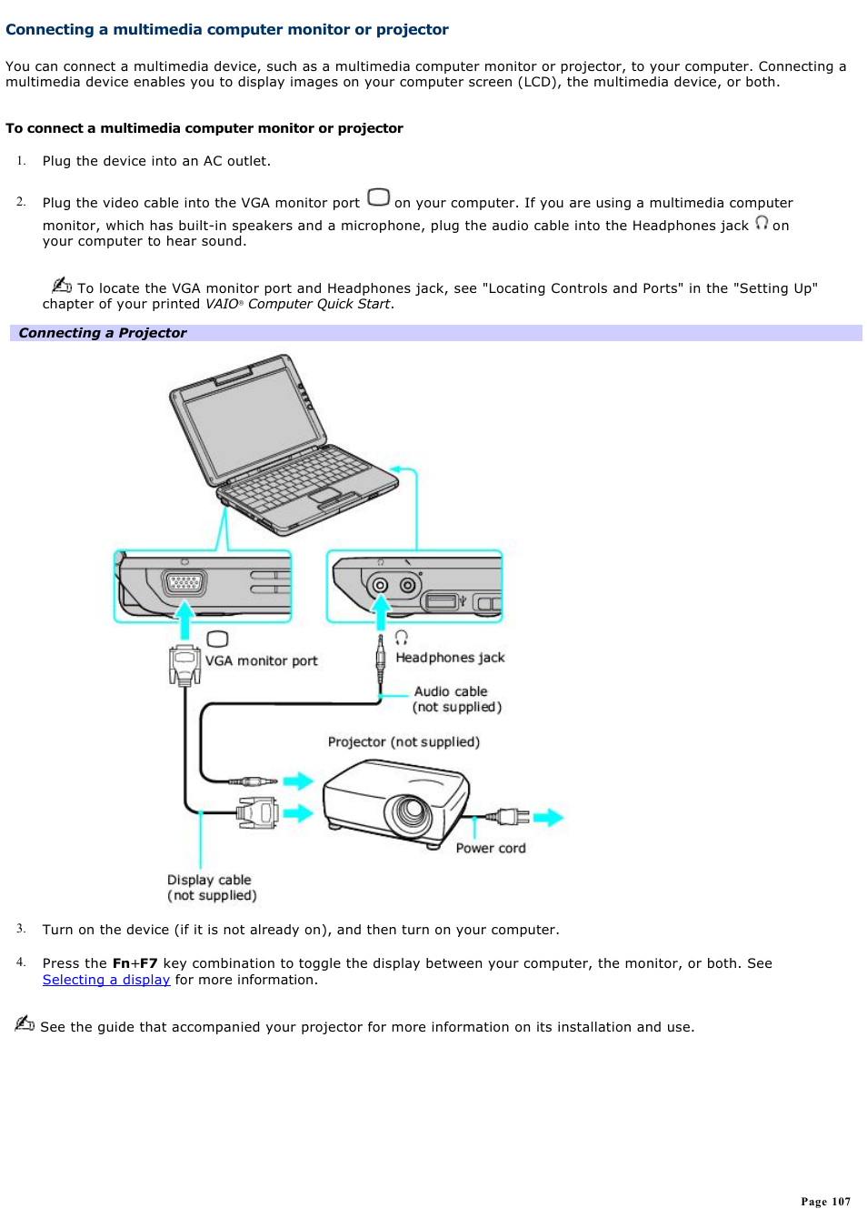 Connecting a multimedia computer monitor or, Projector | Sony PCG-TR5AP User Manual | Page 107 / 199