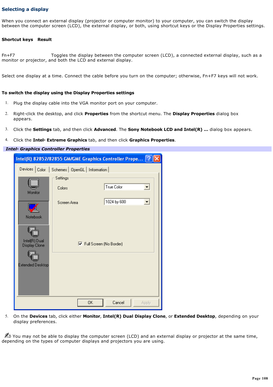 Selecting a display | Sony PCG-TR5AP User Manual | Page 108 / 199