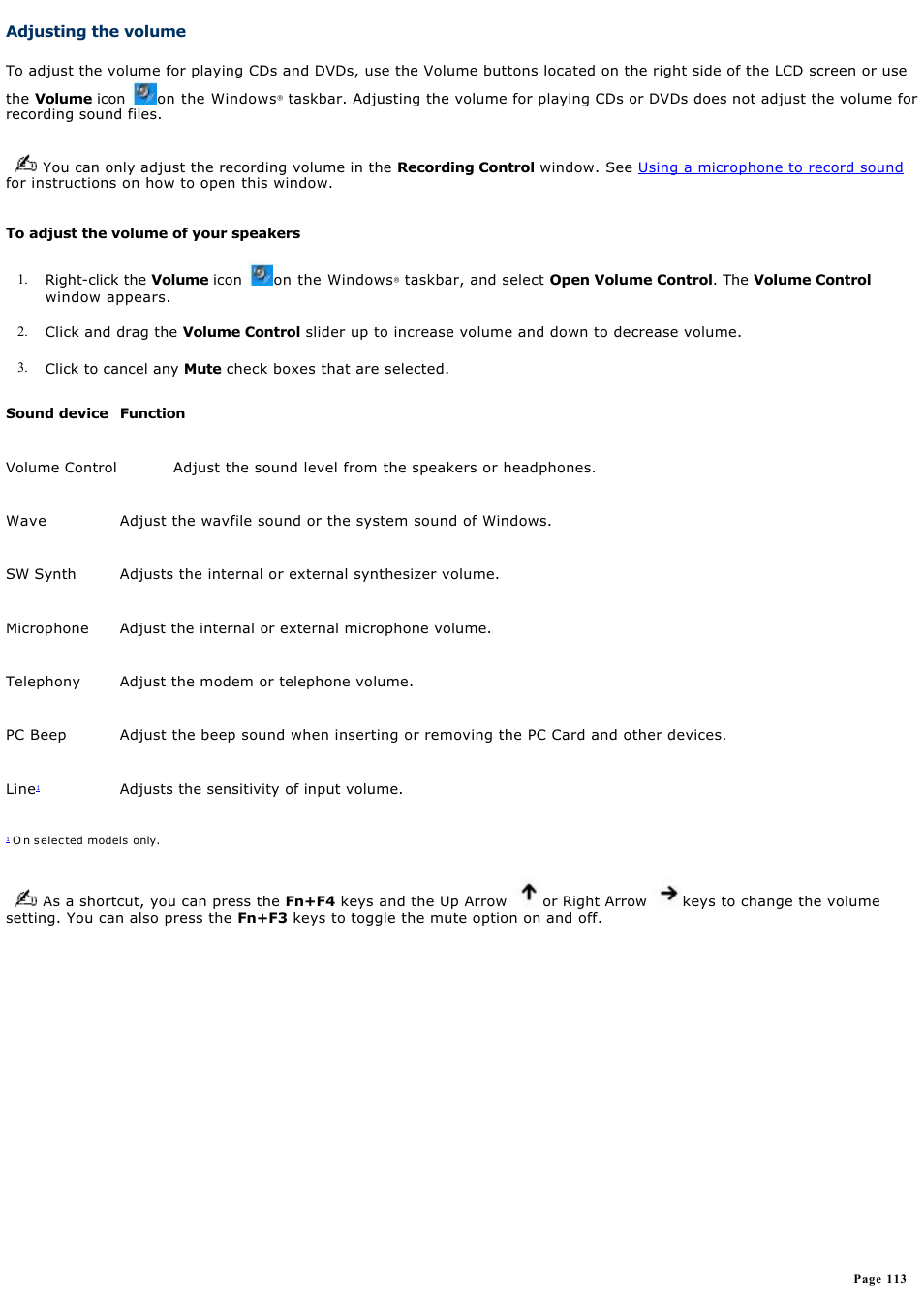 Adjusting the volume | Sony PCG-TR5AP User Manual | Page 113 / 199