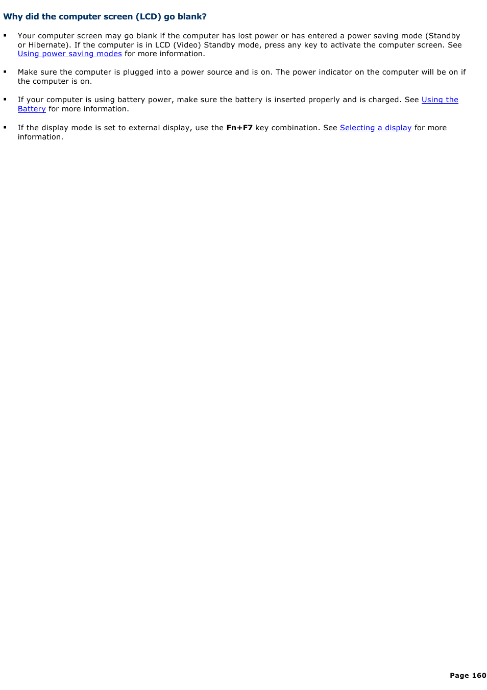 Why did the computer screen (lcd) go blank | Sony PCG-TR5AP User Manual | Page 160 / 199