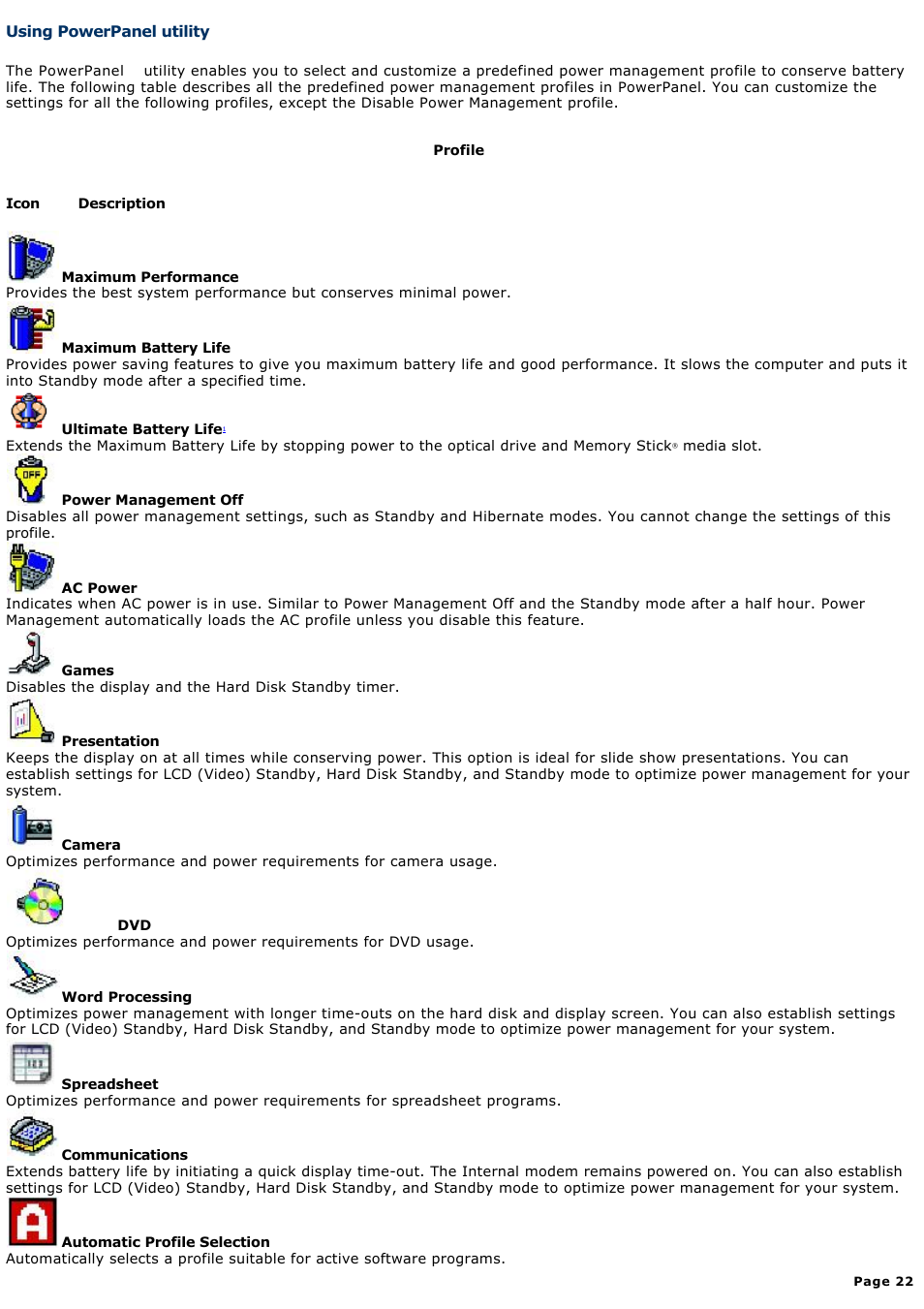 Using powerpanel utility | Sony PCG-TR5AP User Manual | Page 22 / 199