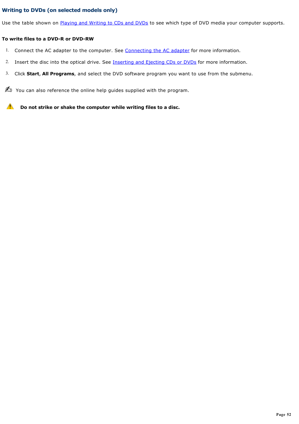 Writing to dvds (on selected models only) | Sony PCG-TR5AP User Manual | Page 52 / 199