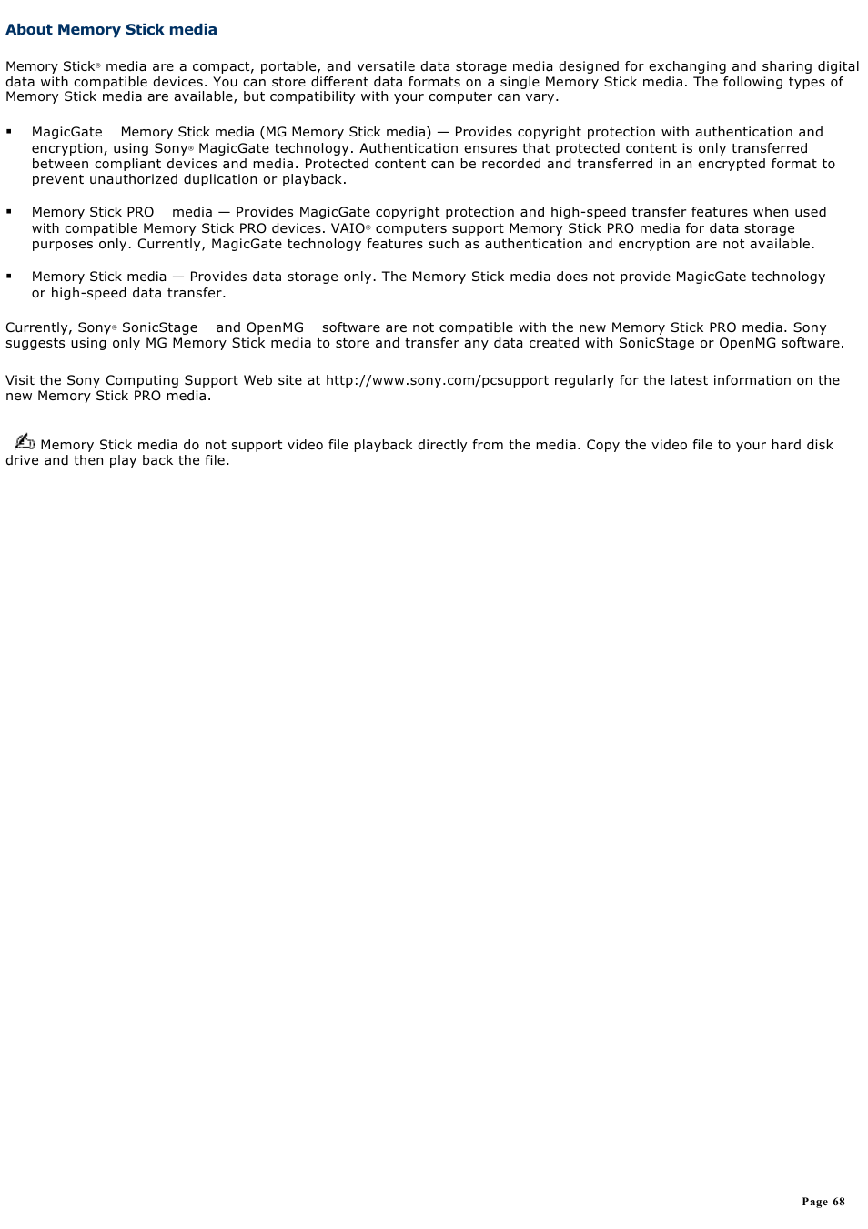 About memory stick media | Sony PCG-TR5AP User Manual | Page 68 / 199