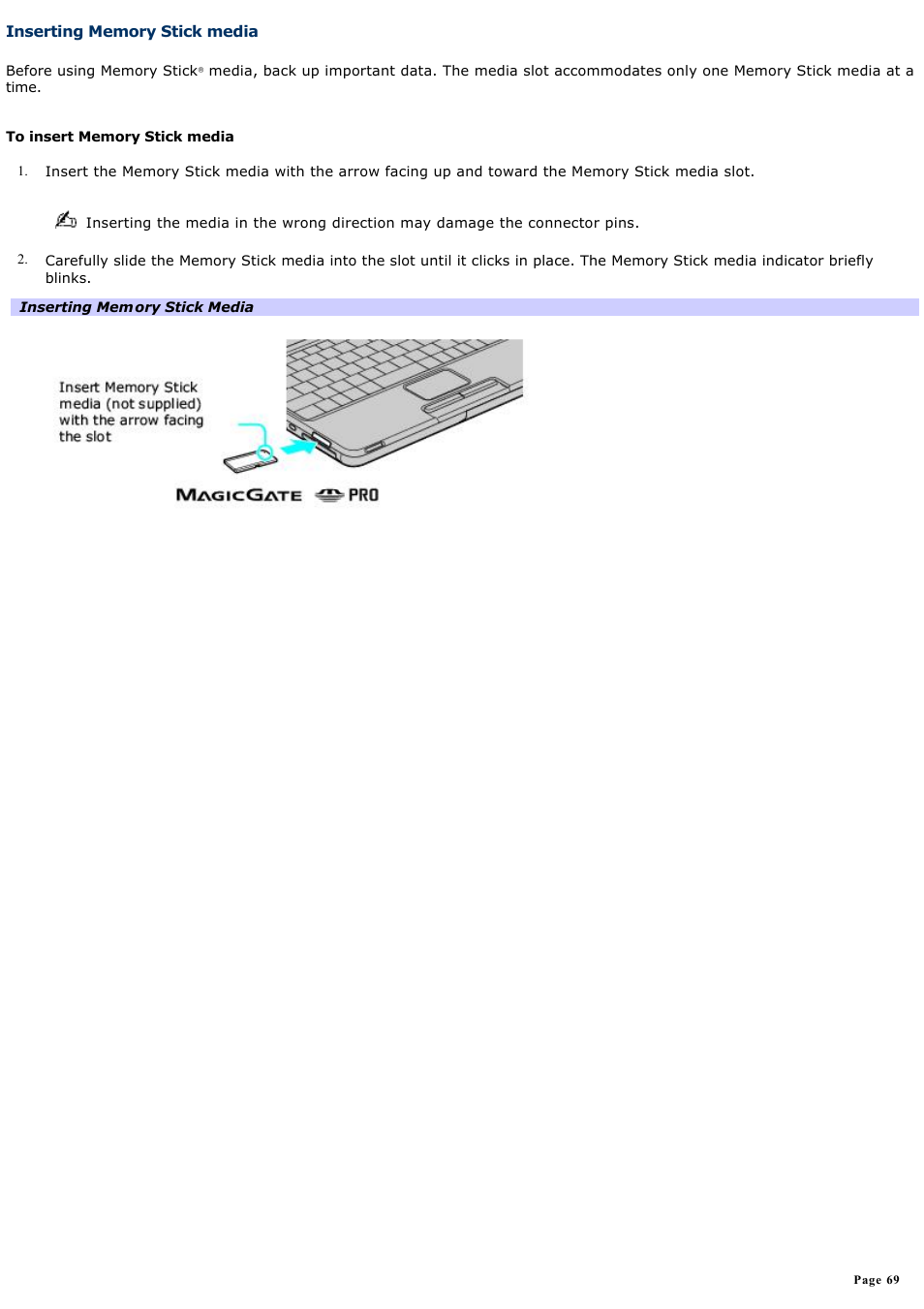 Inserting memory stick media | Sony PCG-TR5AP User Manual | Page 69 / 199