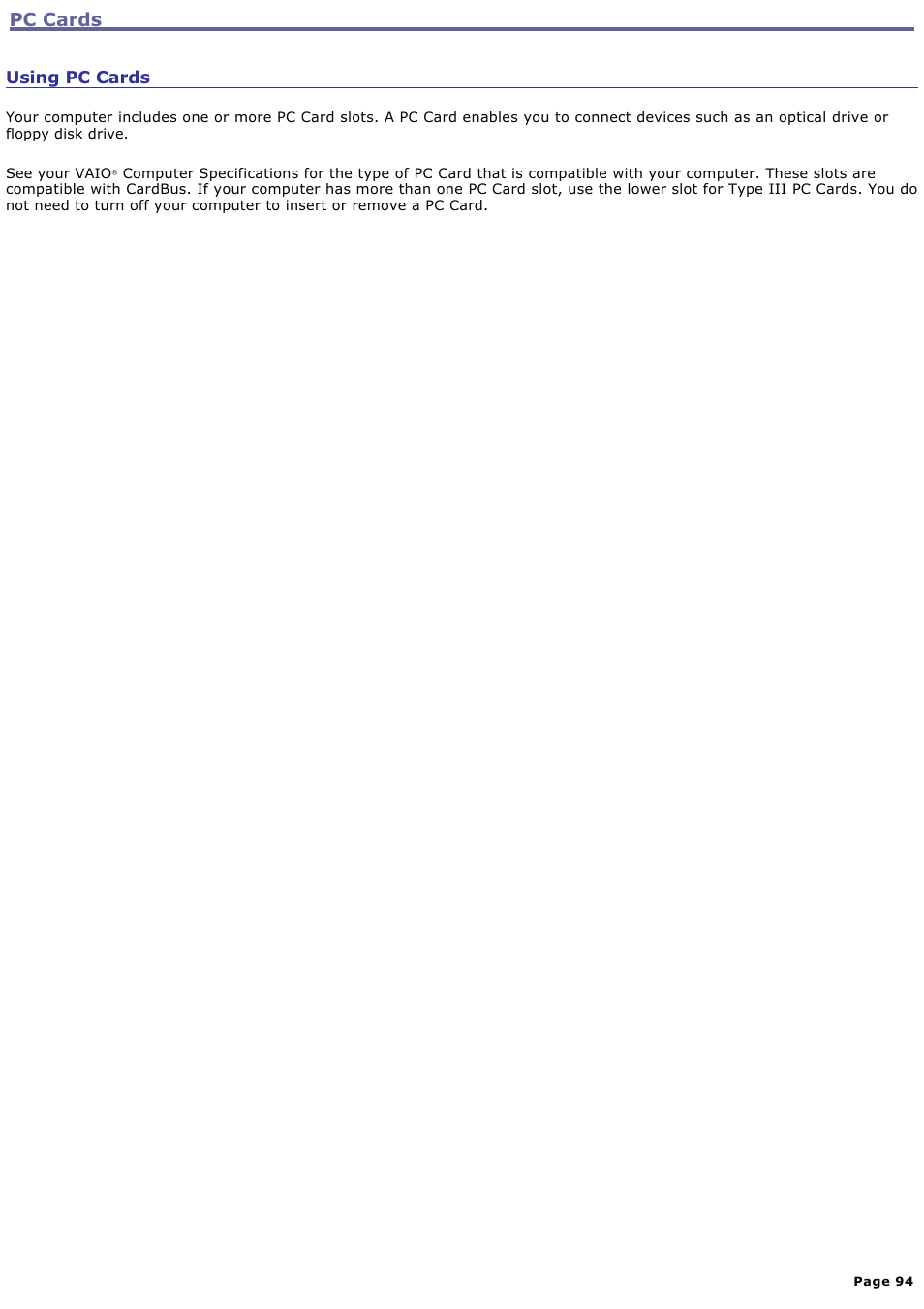 Using pc cards, Pc cards | Sony PCG-TR5AP User Manual | Page 94 / 199