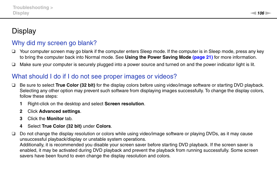 Display, Why did my screen go blank | Sony VGC-JS450F User Manual | Page 106 / 122