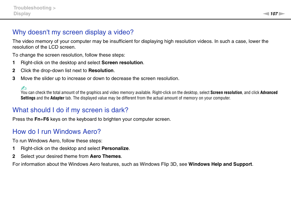 Why doesn't my screen display a video, What should i do if my screen is dark, How do i run windows aero | Sony VGC-JS450F User Manual | Page 107 / 122