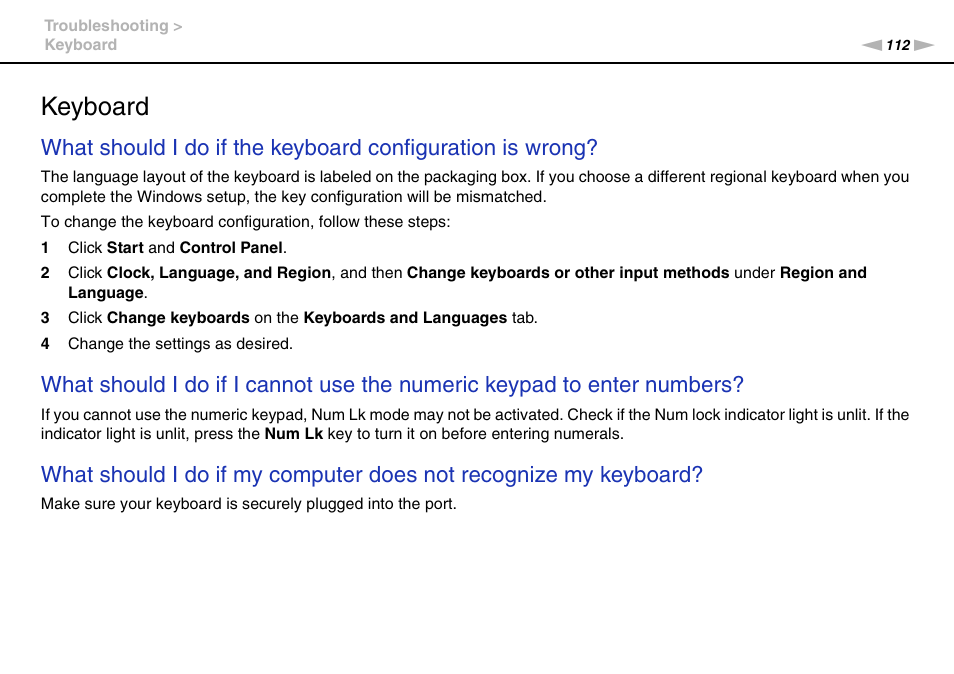 Keyboard | Sony VGC-JS450F User Manual | Page 112 / 122
