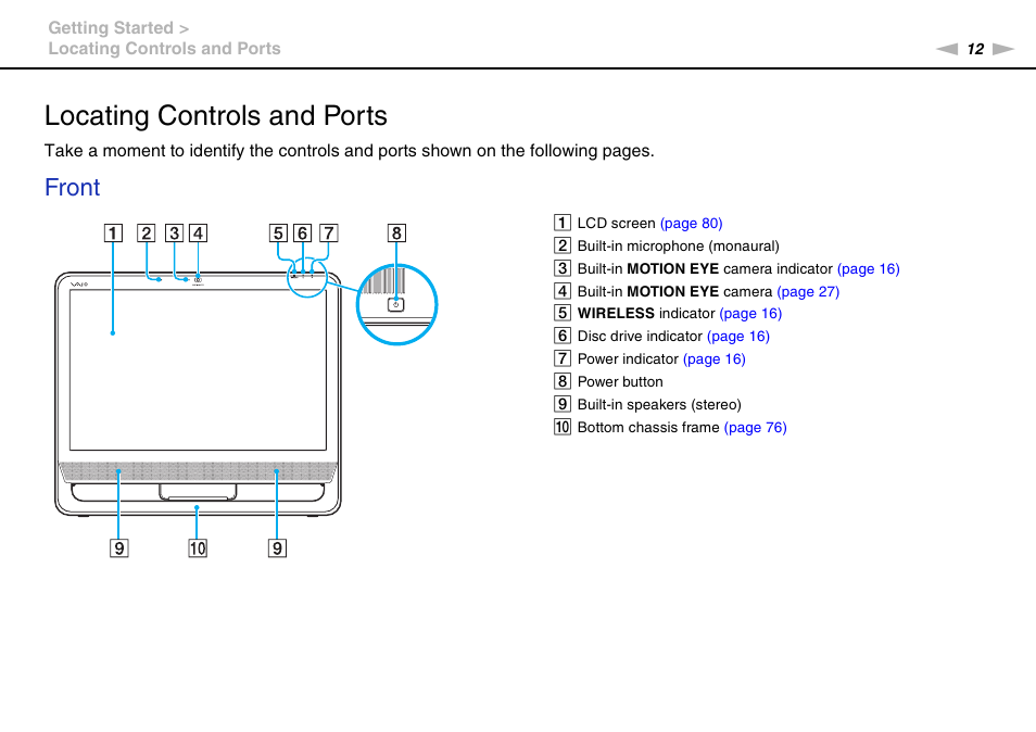 Locating controls and ports, Front | Sony VGC-JS450F User Manual | Page 12 / 122