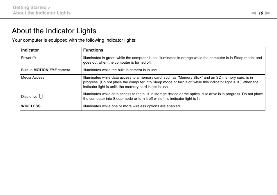 About the indicator lights | Sony VGC-JS450F User Manual | Page 16 / 122