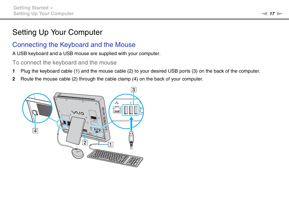 Setting up your computer, Connecting the keyboard and the mouse | Sony VGC-JS450F User Manual | Page 17 / 122