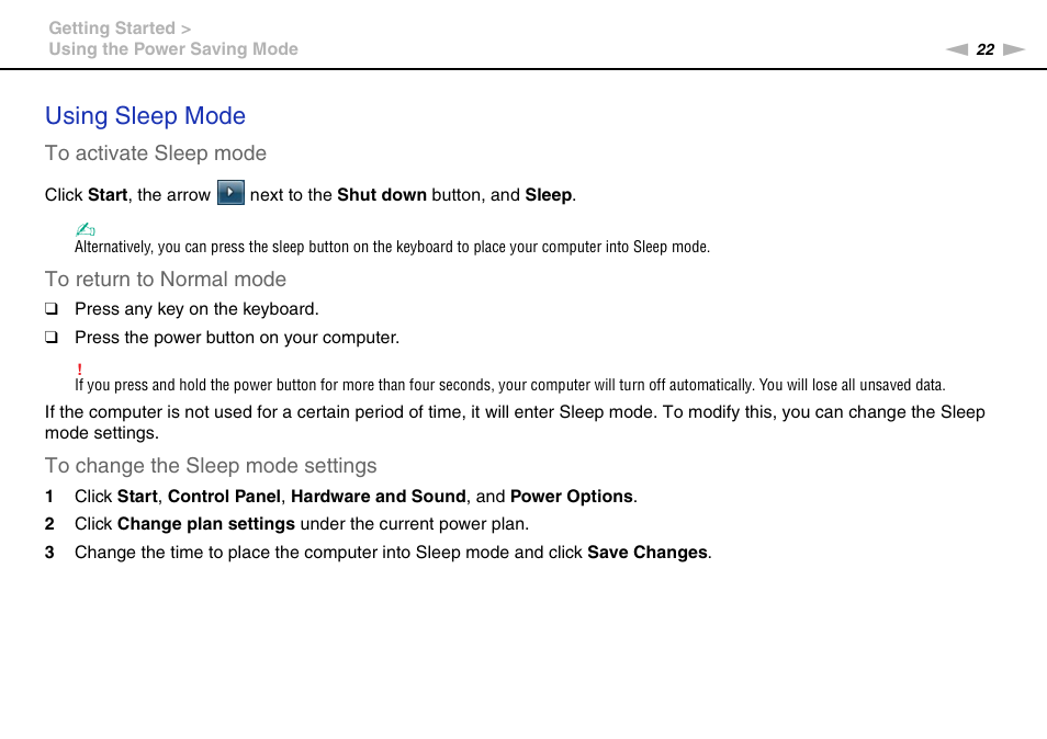 Using sleep mode | Sony VGC-JS450F User Manual | Page 22 / 122