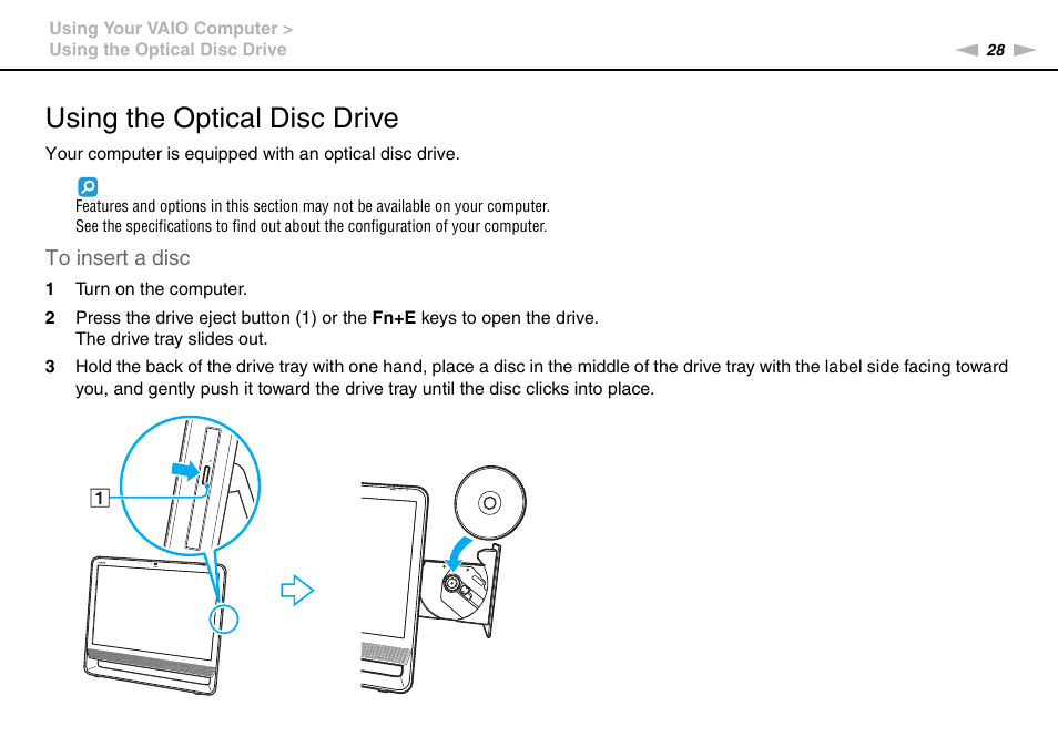 Using the optical disc drive | Sony VGC-JS450F User Manual | Page 28 / 122