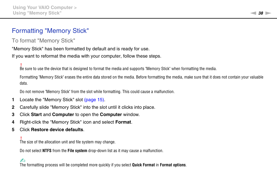 Sony VGC-JS450F User Manual | Page 38 / 122