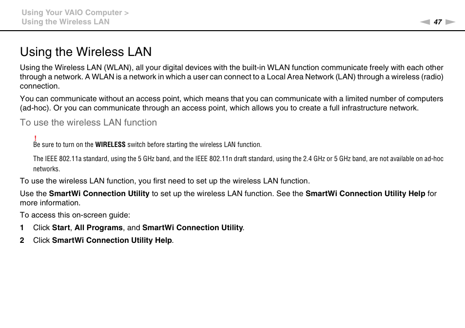 Using the wireless lan | Sony VGC-JS450F User Manual | Page 47 / 122