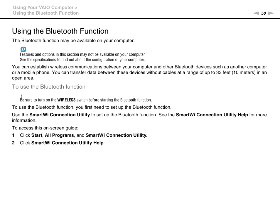 Using the bluetooth function, Tion | Sony VGC-JS450F User Manual | Page 50 / 122