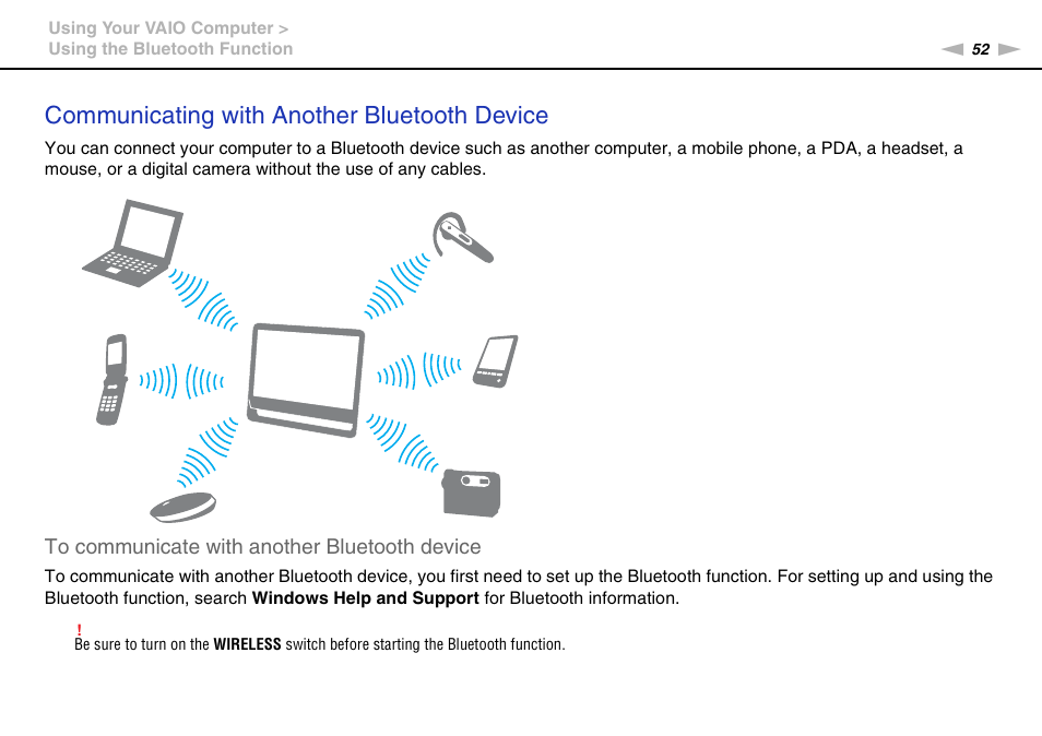 Communicating with another bluetooth device | Sony VGC-JS450F User Manual | Page 52 / 122