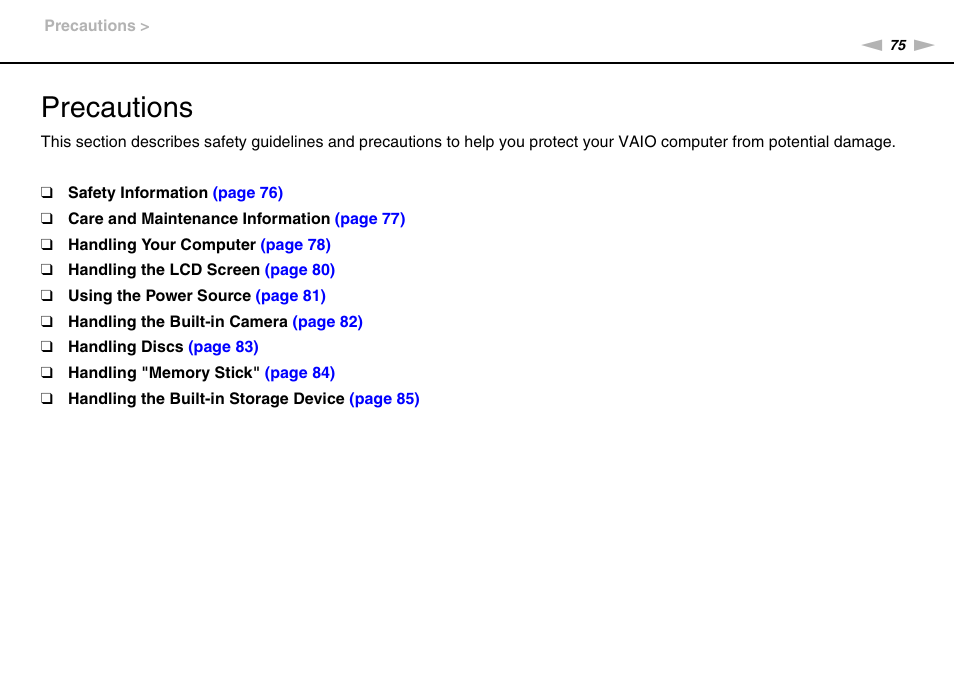 Precautions | Sony VGC-JS450F User Manual | Page 75 / 122