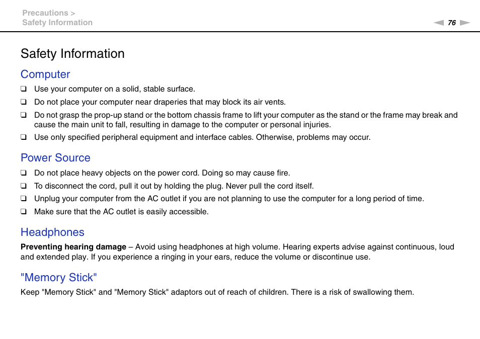 Safety information, Computer, Power source | Headphones | Sony VGC-JS450F User Manual | Page 76 / 122