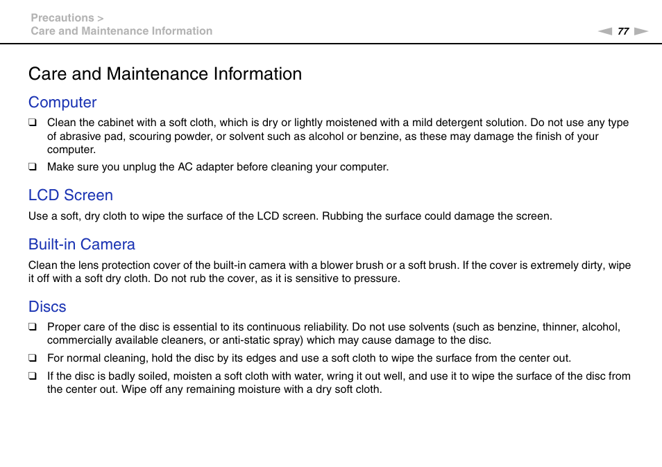 Care and maintenance information, Computer, Lcd screen | Built-in camera, Discs | Sony VGC-JS450F User Manual | Page 77 / 122