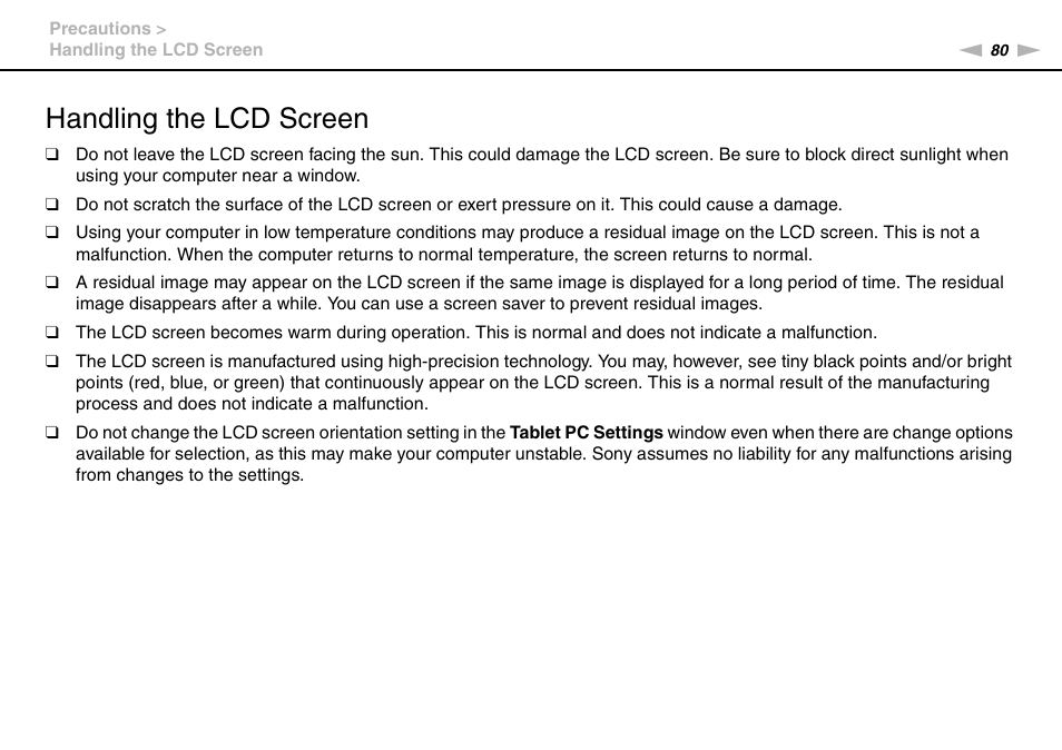 Handling the lcd screen | Sony VGC-JS450F User Manual | Page 80 / 122