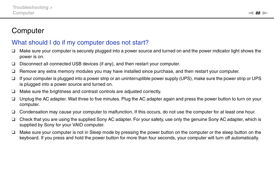 Computer, What should i do if my computer does not start | Sony VGC-JS450F User Manual | Page 88 / 122