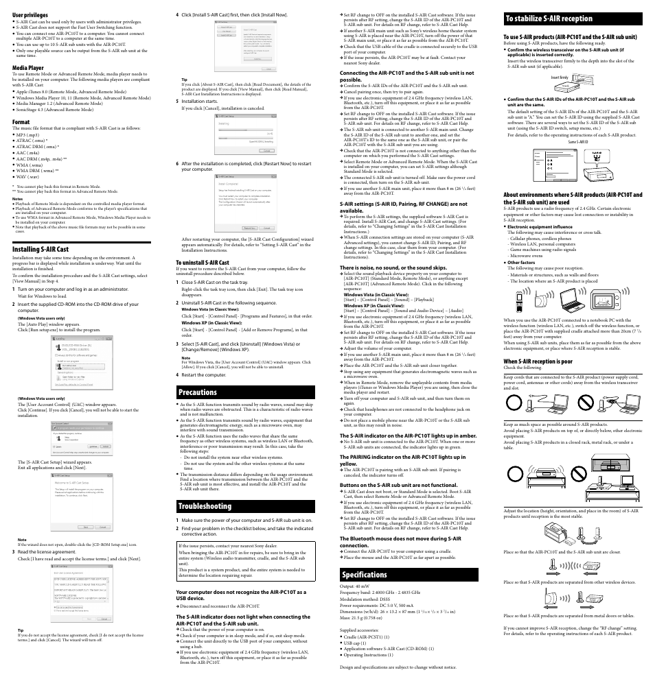 Precautions, Troubleshooting, Specifications | Installing s-air cast | Sony AIR-PC10T User Manual | Page 2 / 2