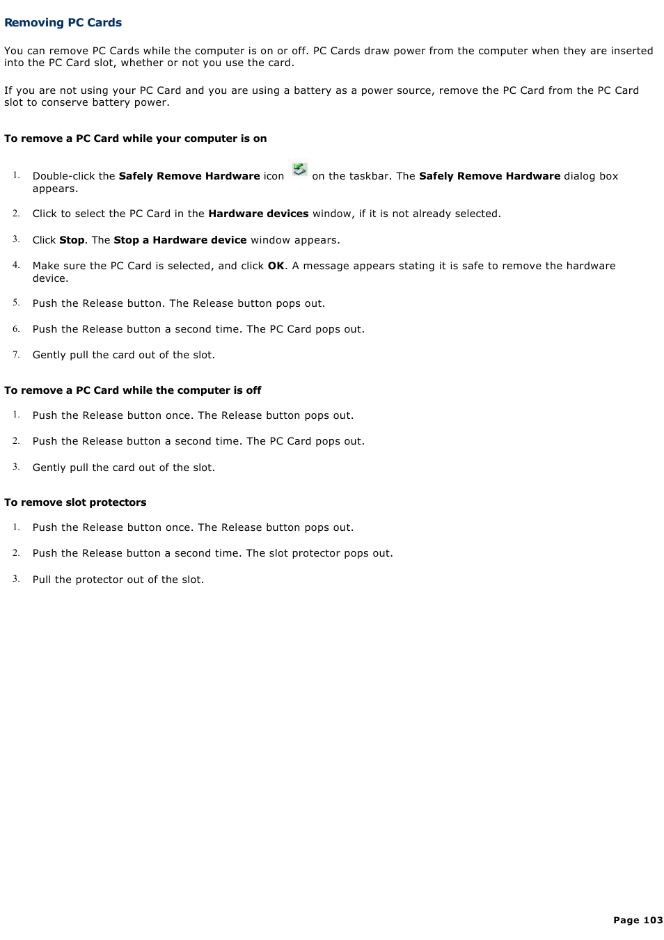 Removing pc cards | Sony PCG-V505DC2P User Manual | Page 103 / 152