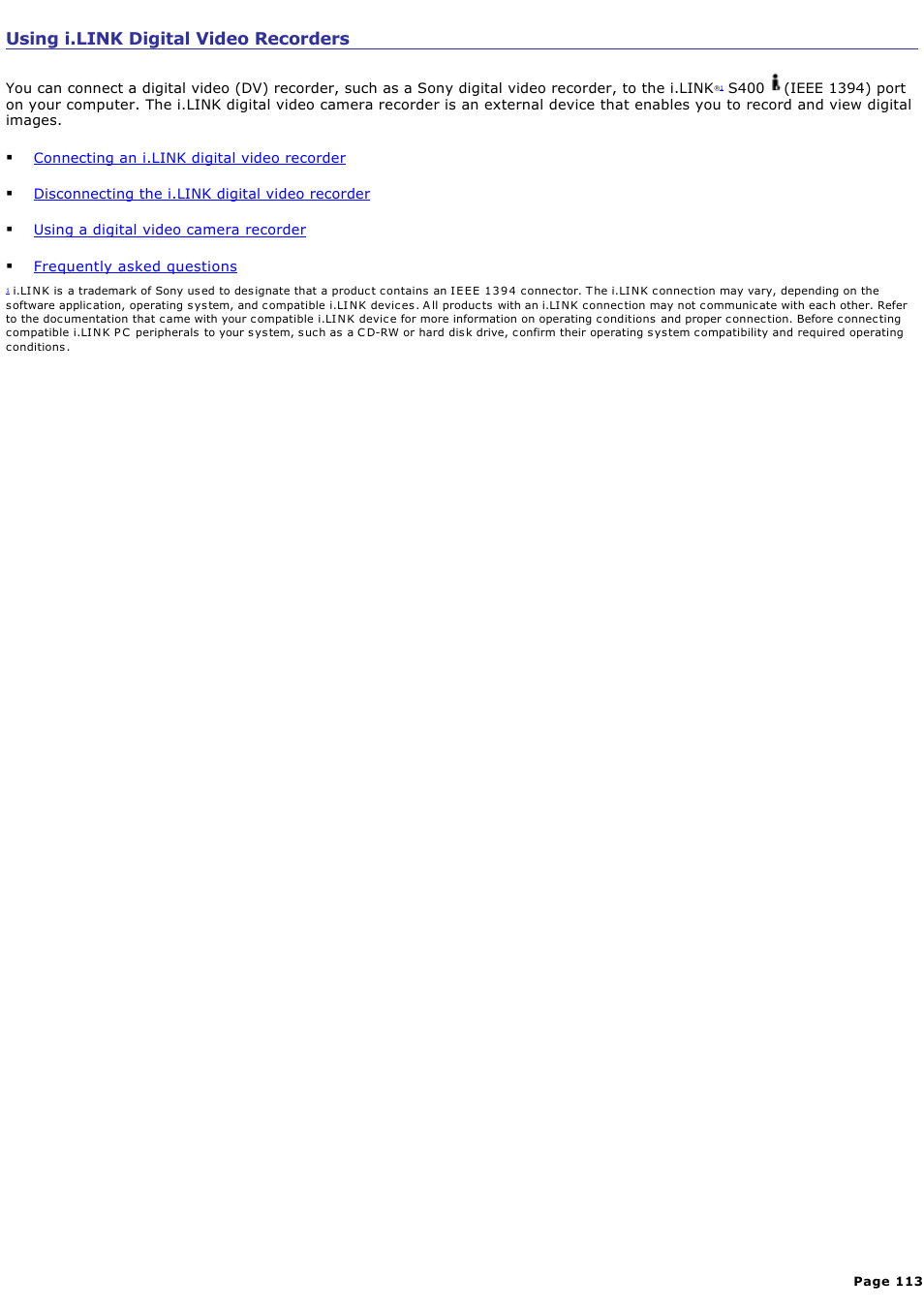 Using i.link digital video recorders | Sony PCG-V505DC2P User Manual | Page 113 / 152