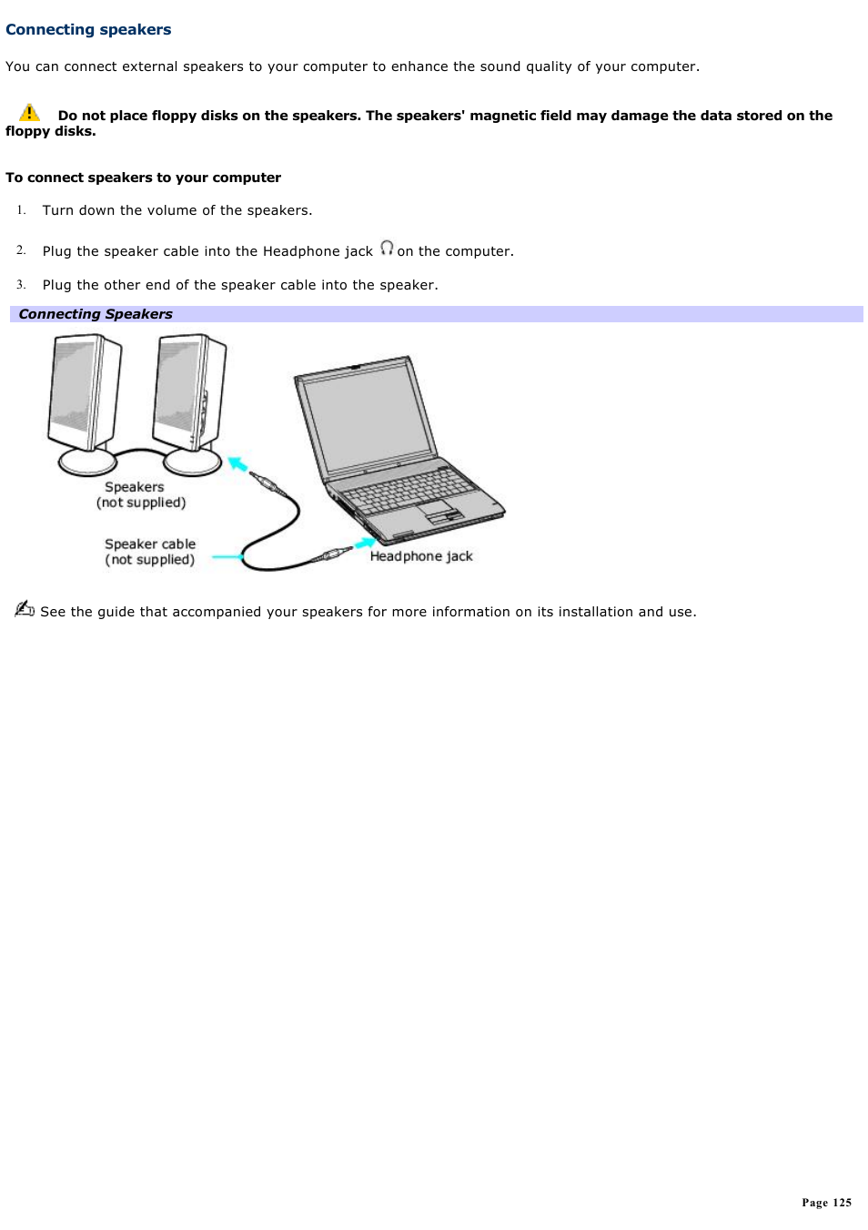 Connecting speakers | Sony PCG-V505DC2P User Manual | Page 125 / 152