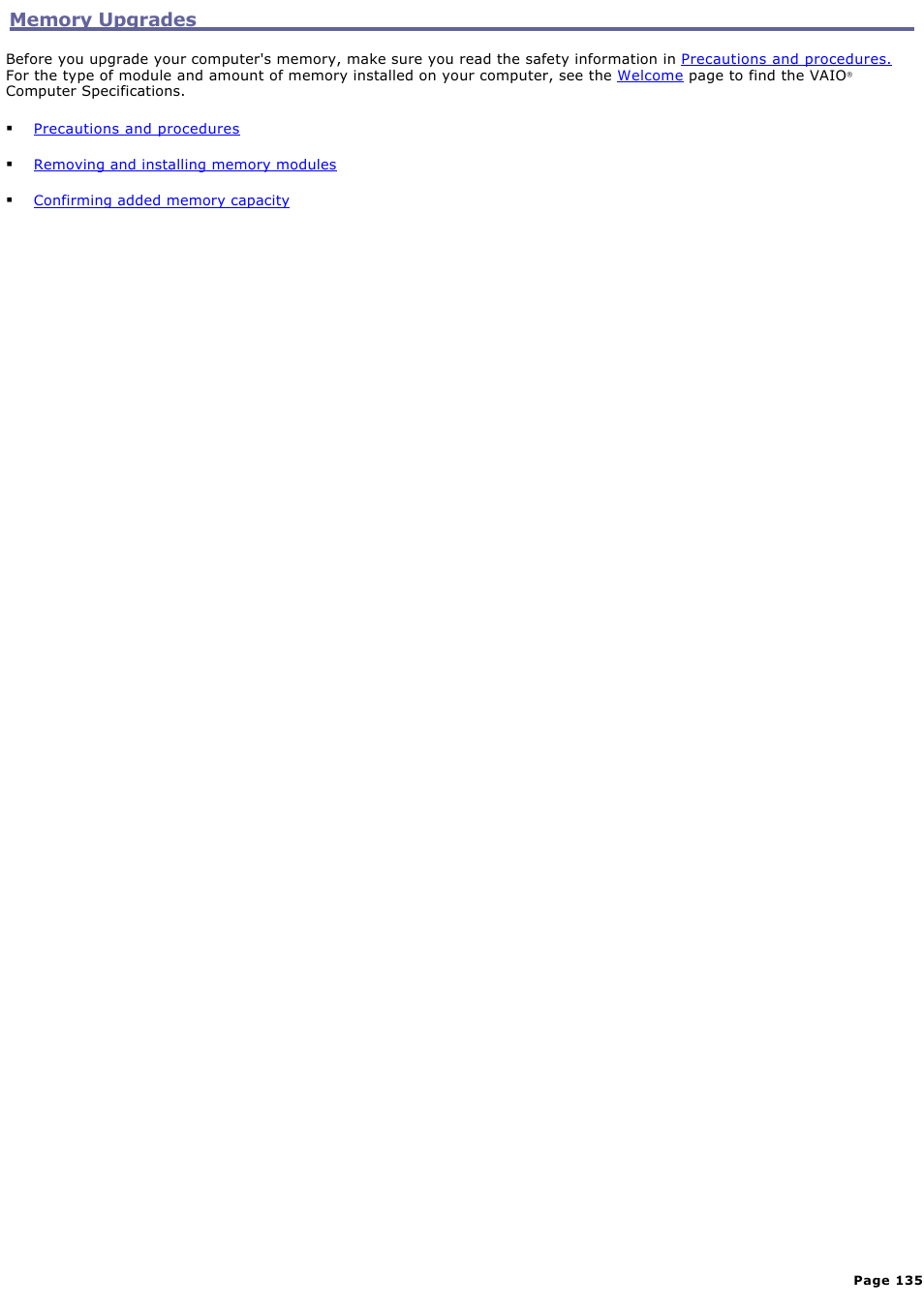 Memory upgrades | Sony PCG-V505DC2P User Manual | Page 135 / 152