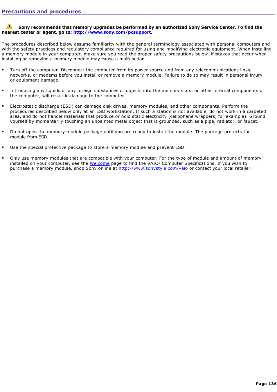 Precautions and procedures | Sony PCG-V505DC2P User Manual | Page 136 / 152