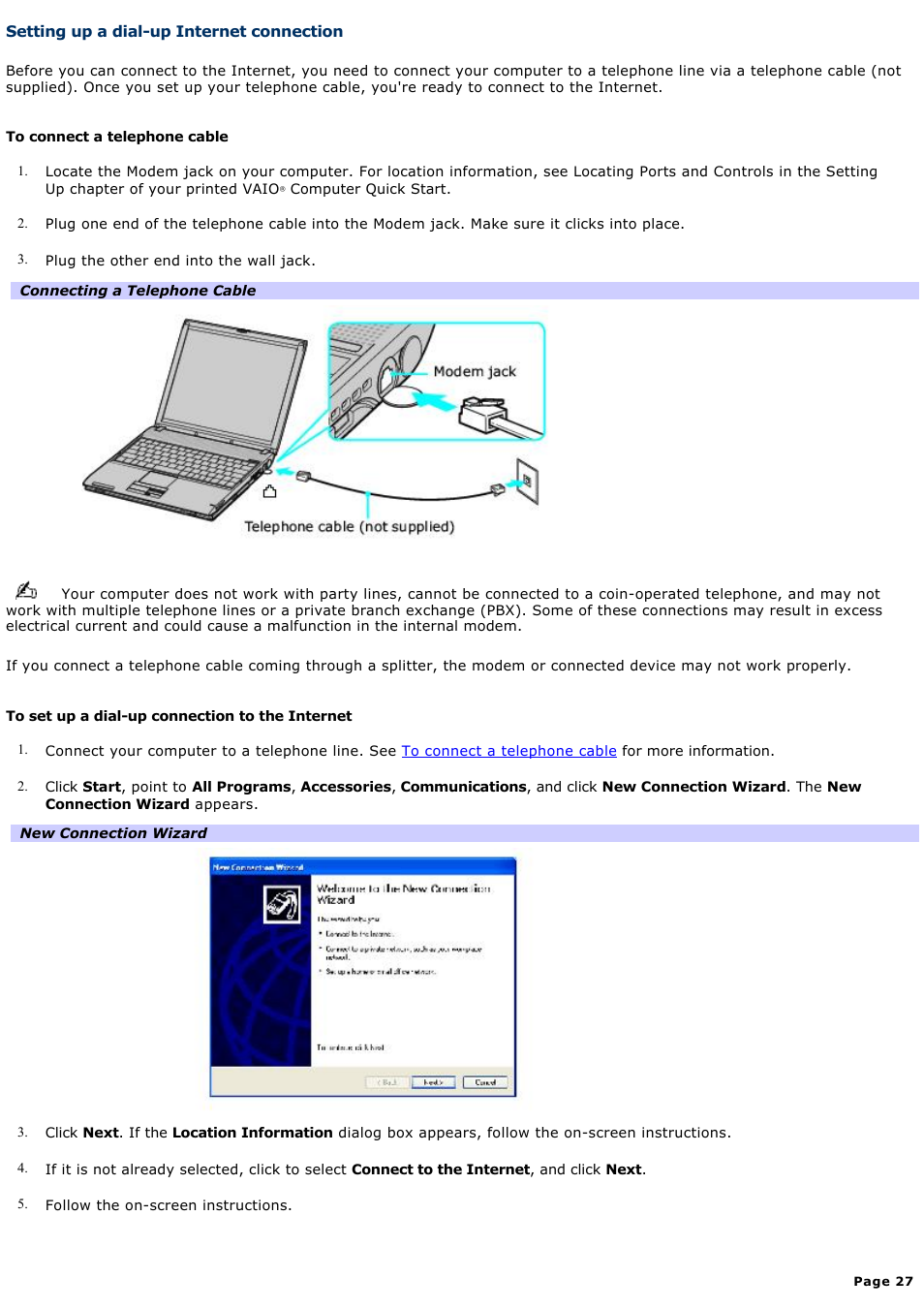 Setting up a dial-up internet connection | Sony PCG-V505DC2P User Manual | Page 27 / 152