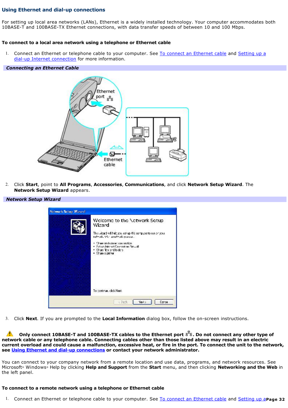 Using ethernet and dial-up connections | Sony PCG-V505DC2P User Manual | Page 32 / 152