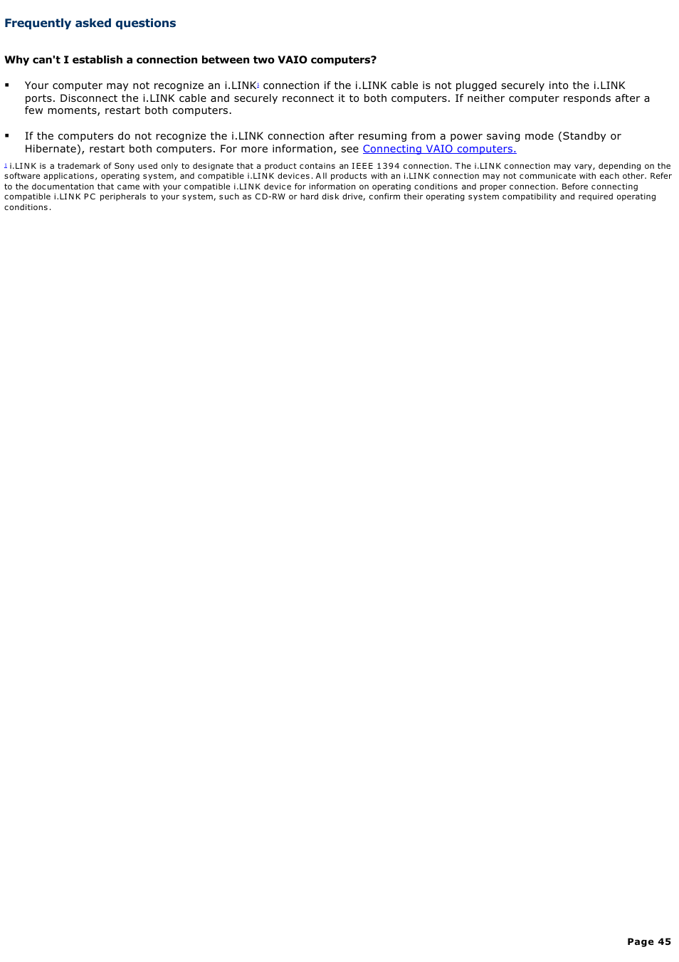 Frequently asked questions | Sony PCG-V505DC2P User Manual | Page 45 / 152