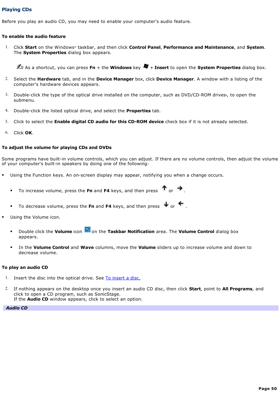 Playing cds | Sony PCG-V505DC2P User Manual | Page 50 / 152
