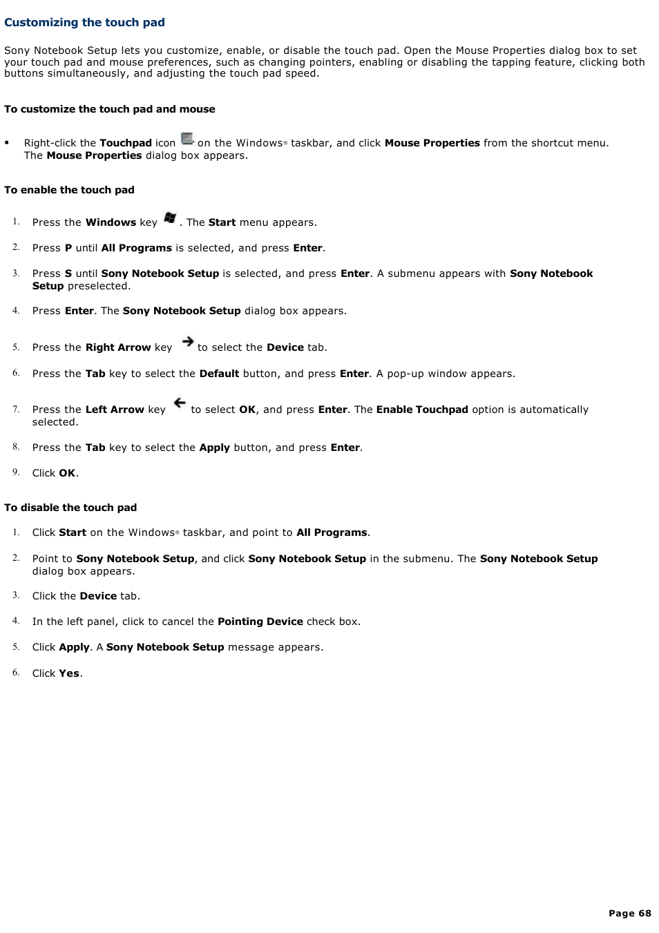 Customizing the touch pad | Sony PCG-V505DC2P User Manual | Page 68 / 152