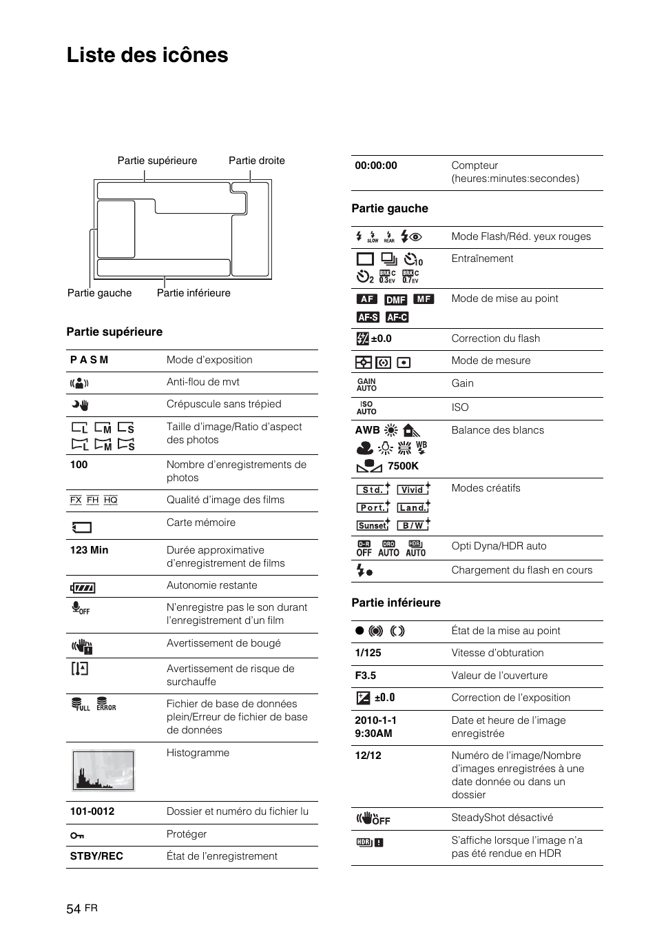 Liste des icônes | Sony NEX-VG10 User Manual | Page 107 / 161