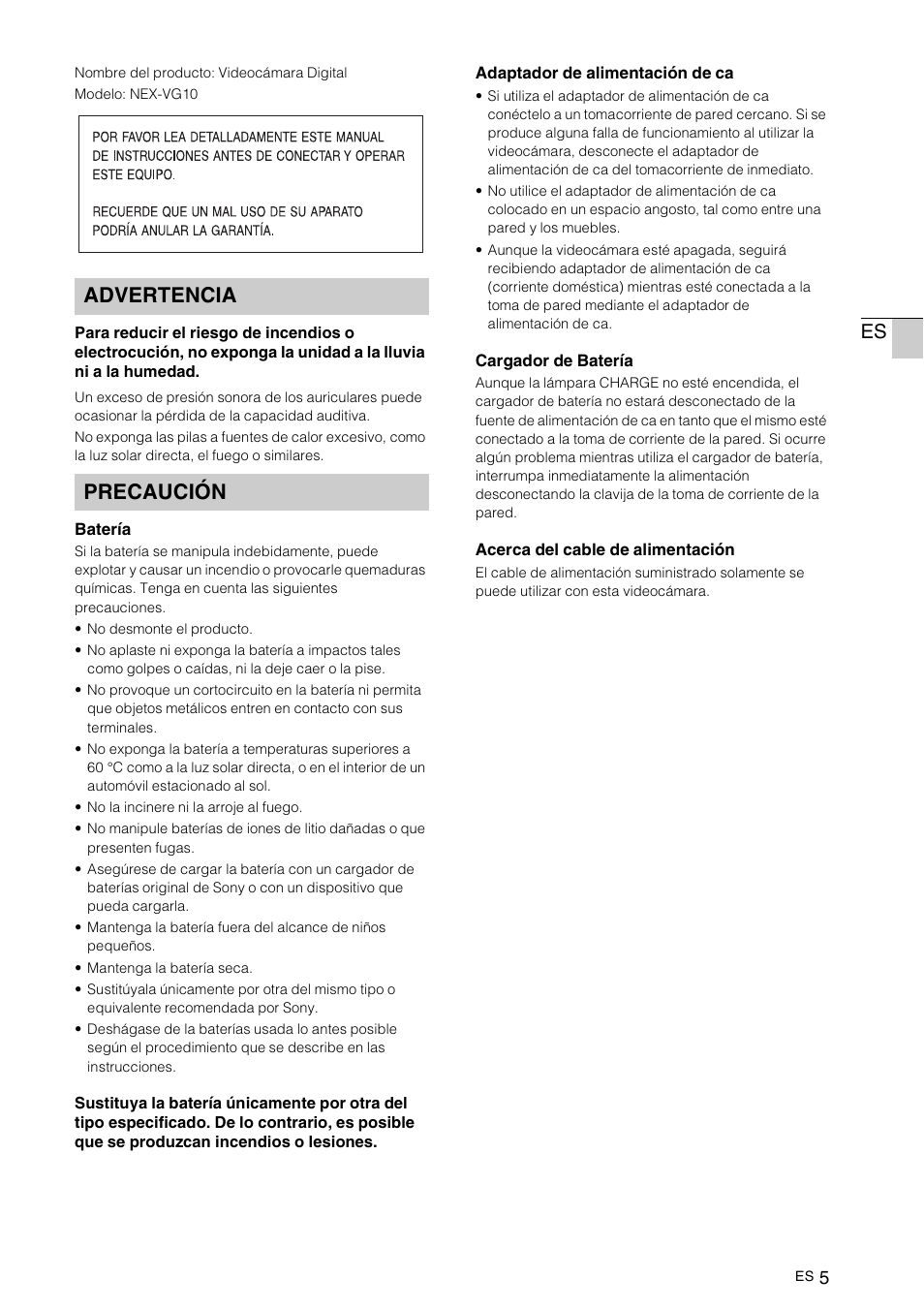 Advertencia precaución | Sony NEX-VG10 User Manual | Page 112 / 161