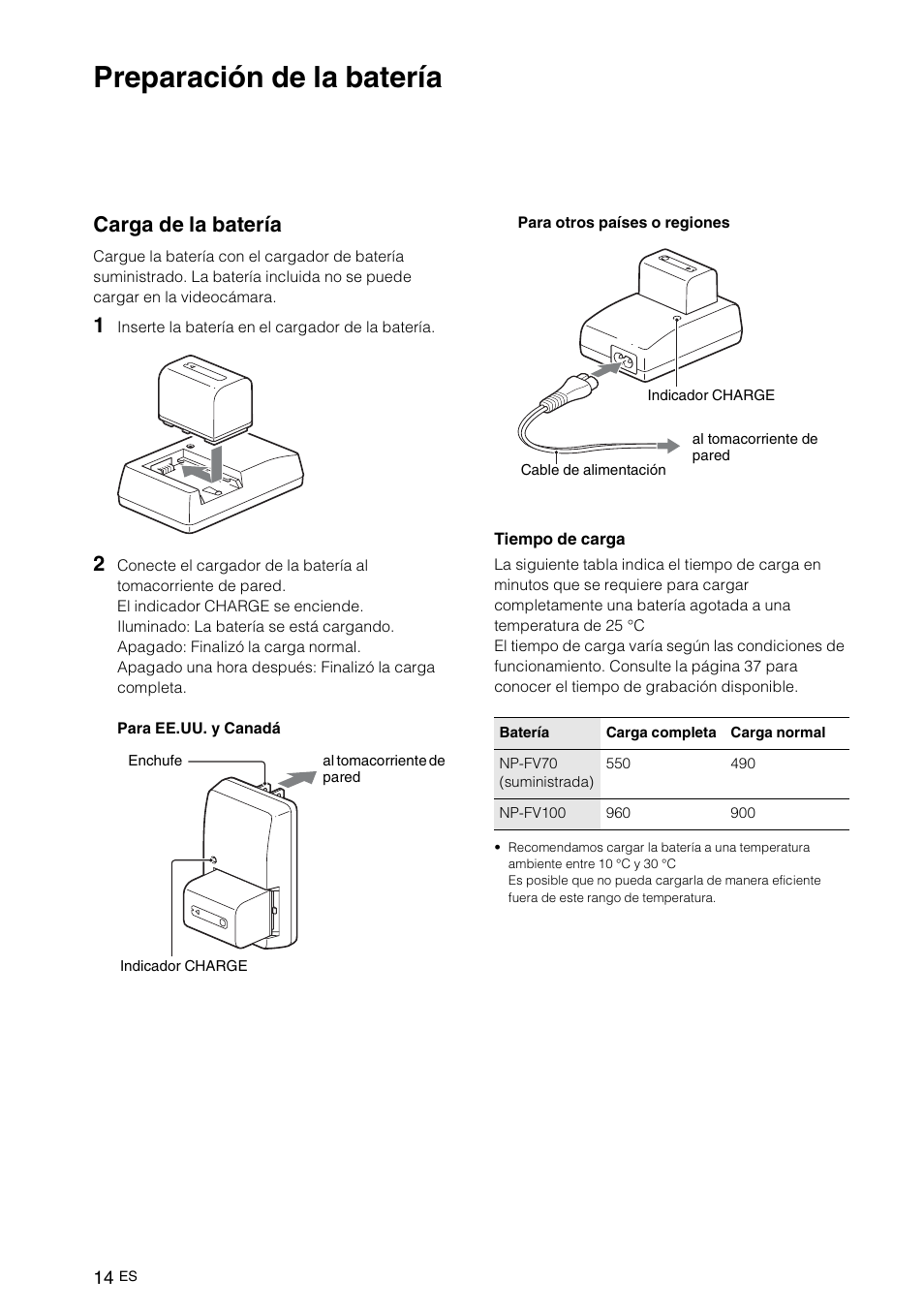 Preparación de la batería, Carga de la batería | Sony NEX-VG10 User Manual | Page 121 / 161