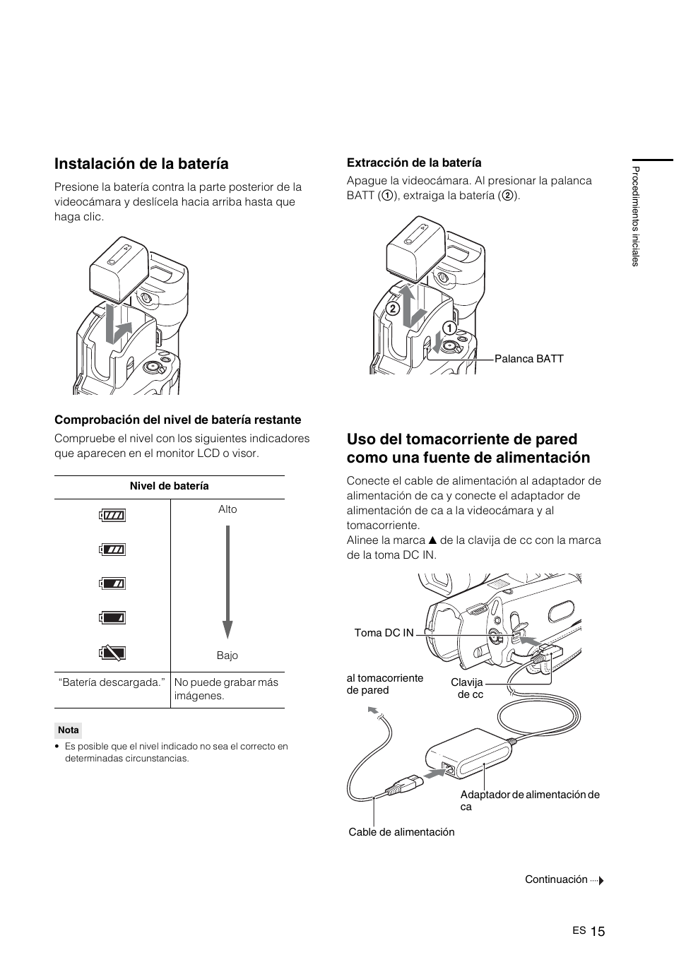 Instalación de la batería | Sony NEX-VG10 User Manual | Page 122 / 161