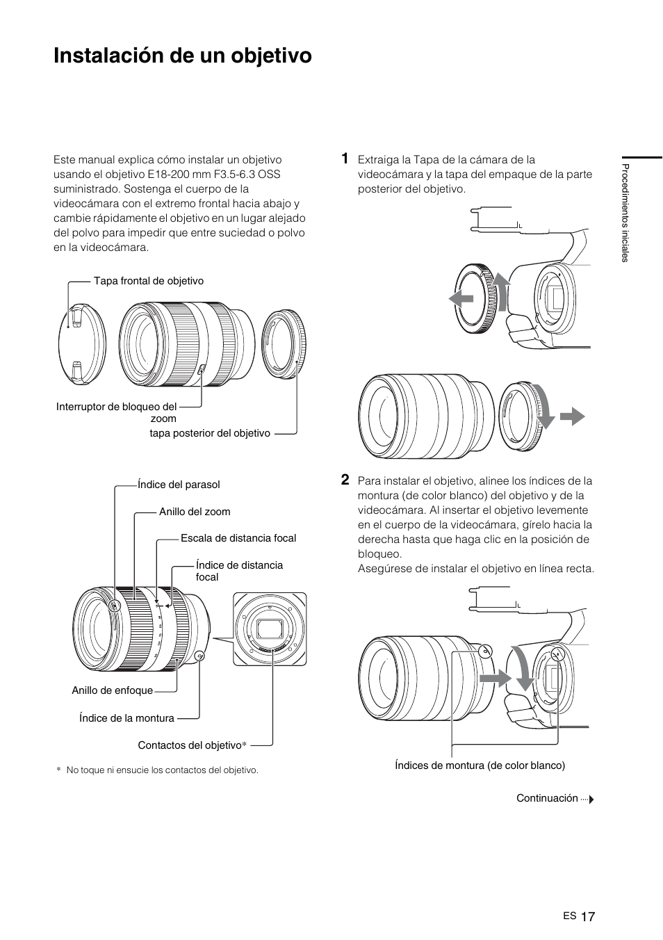 Instalación de un objetivo | Sony NEX-VG10 User Manual | Page 124 / 161