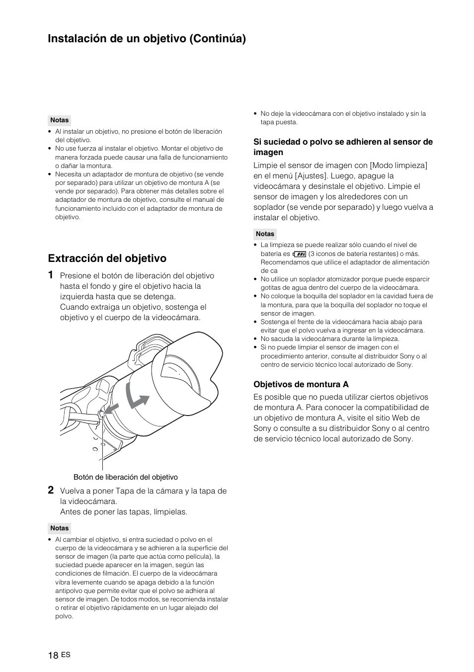 Extracción del objetivo, Instalación de un objetivo (continúa), Extracción del objetivo 1 | Sony NEX-VG10 User Manual | Page 125 / 161