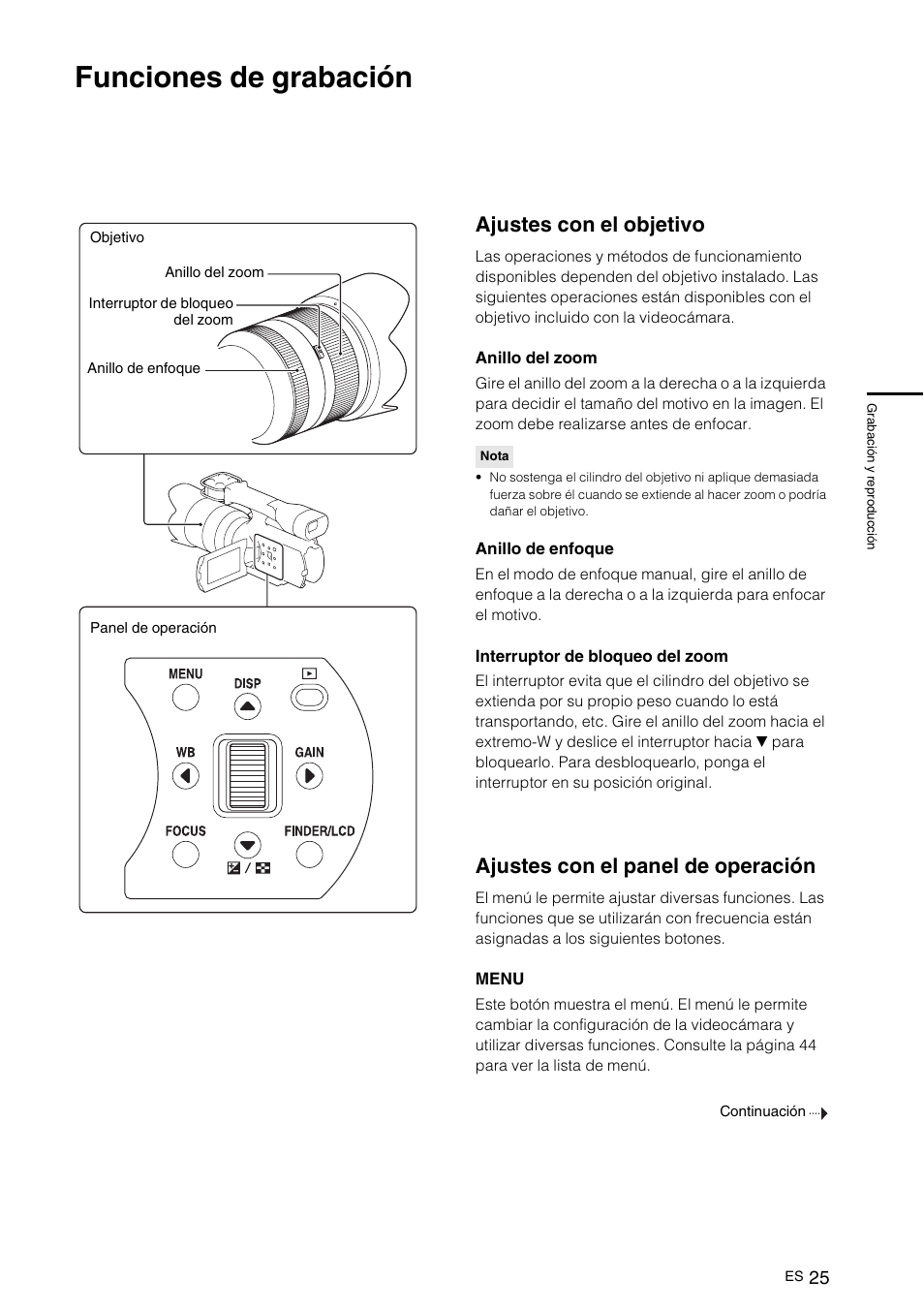 Funciones de grabación, Ajustes con el objetivo, Ajustes con el panel de operación | Sony NEX-VG10 User Manual | Page 132 / 161