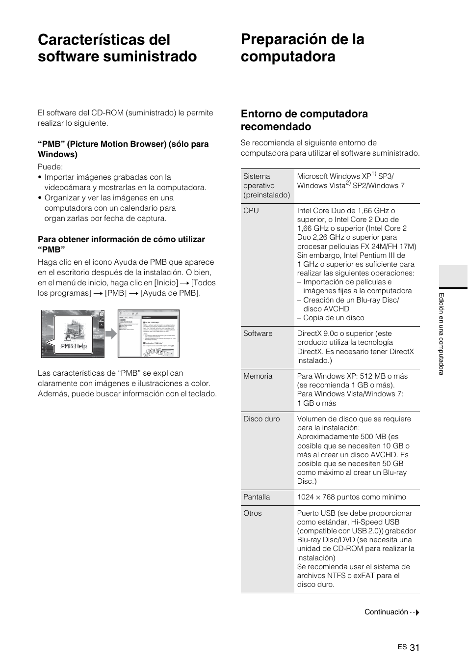 Edición en una computadora, Características del software suministrado, Preparación de la computadora | Entorno de computadora recomendado, N en, Put ador | Sony NEX-VG10 User Manual | Page 138 / 161